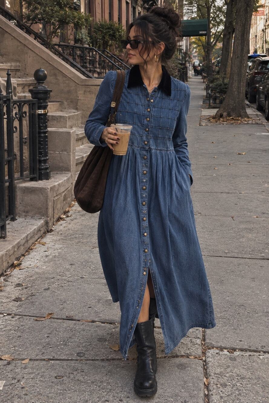 Vintage 90s Karin Stevens Denim Maxi Dress Velvet Collar Button Front 6P